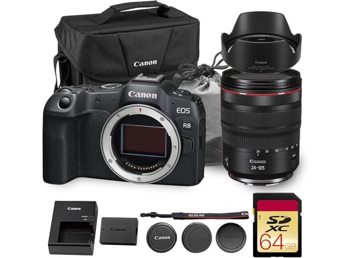 Canon EOS R8 Mirrorless Camera | 24.2MP Full Frame Sensor 4K 60p Video | Compact Lightweight Hybrid Camera for Travel and Content (5803C002) + Canon RF 24-105mm Lens + 64GB Card + Bag